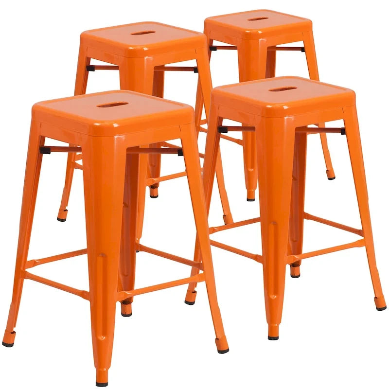 4 Pack 24H Backless Metal Indoor-Outdoor Counter Height Stool w/Square Seat