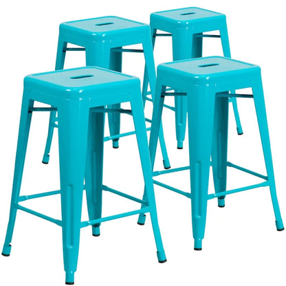 4 Pack 24H Backless Metal Indoor-Outdoor Counter Height Stool w/Square Seat