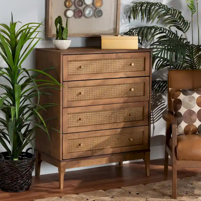 Ramiel Mid-Century Modern Ash Walnut Finished Wood and Rattan 4-Drawer Chest