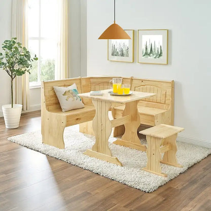 MUSEHOMEINC Traditional Style 3 Piece Solid Wood Breakfast Nook Dining Table Set with Side Bench, Hidden Storage Nook Table Set