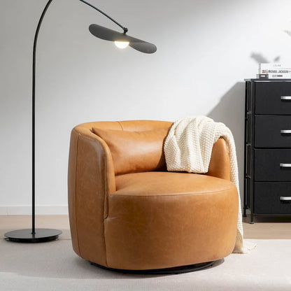 KINWELL Modern Top Grain Genuine Leather Swivel Armchair with Pillow
