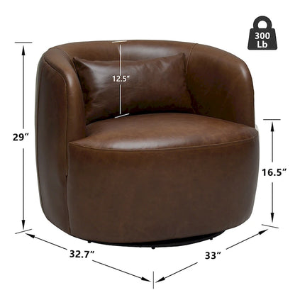 KINWELL Modern Top Grain Genuine Leather Swivel Armchair with Pillow