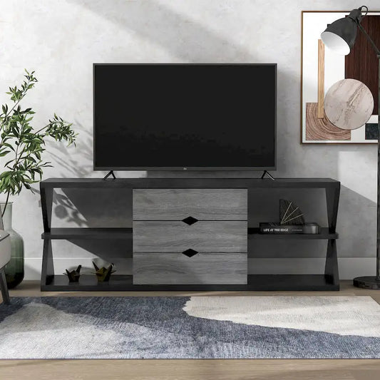 Ayala Modern Black and Distressed Grey 60-inch 4-Shelf TV Console with 3-Drawer