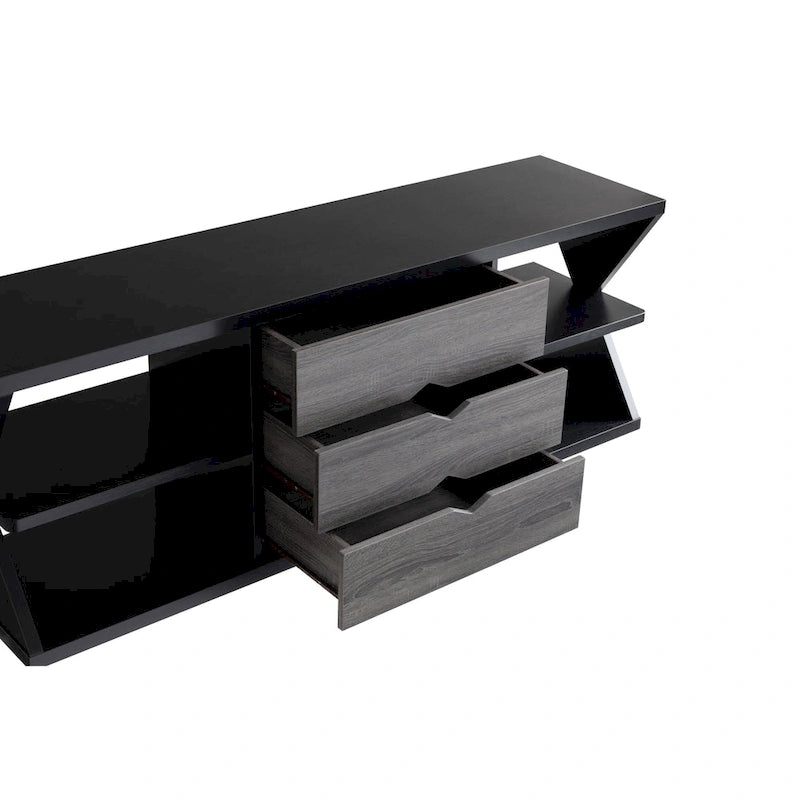 Ayala Modern Black and Distressed Grey 60-inch 4-Shelf TV Console with 3-Drawer