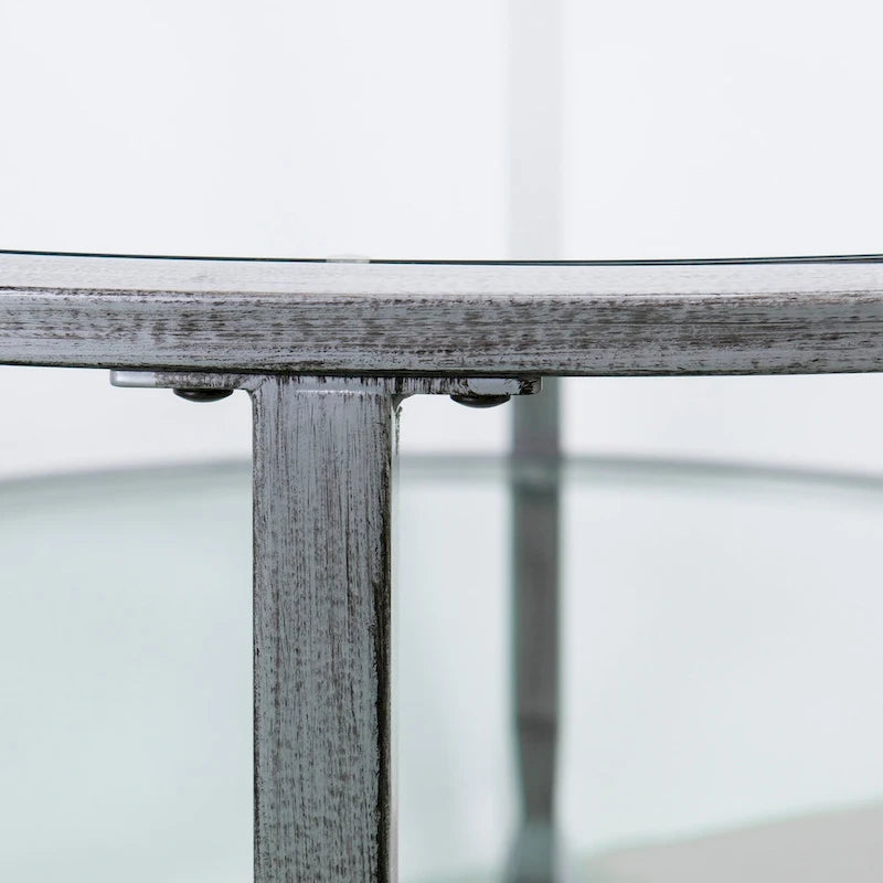 SEI Furniture Glenn Distressed Silver Round Coffee Table with Glass Top and Shelf