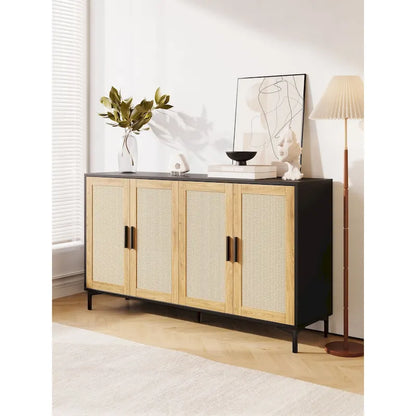 JASIWAY Buffet Table Kitchen Sideboard with Rattan Decorated Doors
