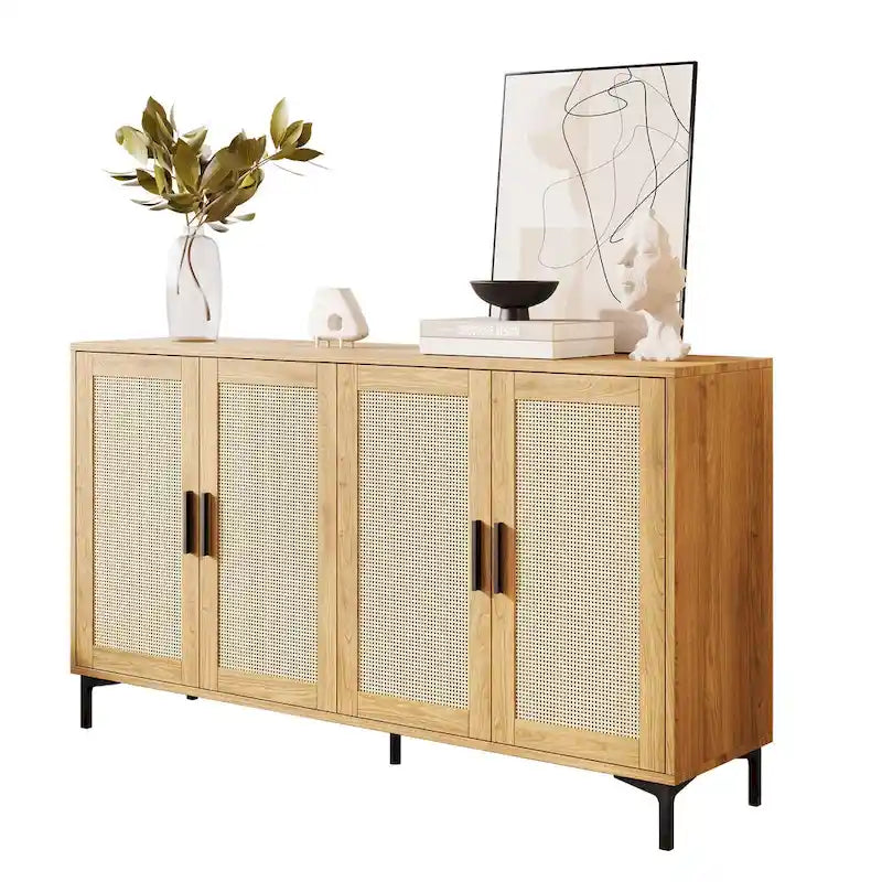 JASIWAY Buffet Table Kitchen Sideboard with Rattan Decorated Doors