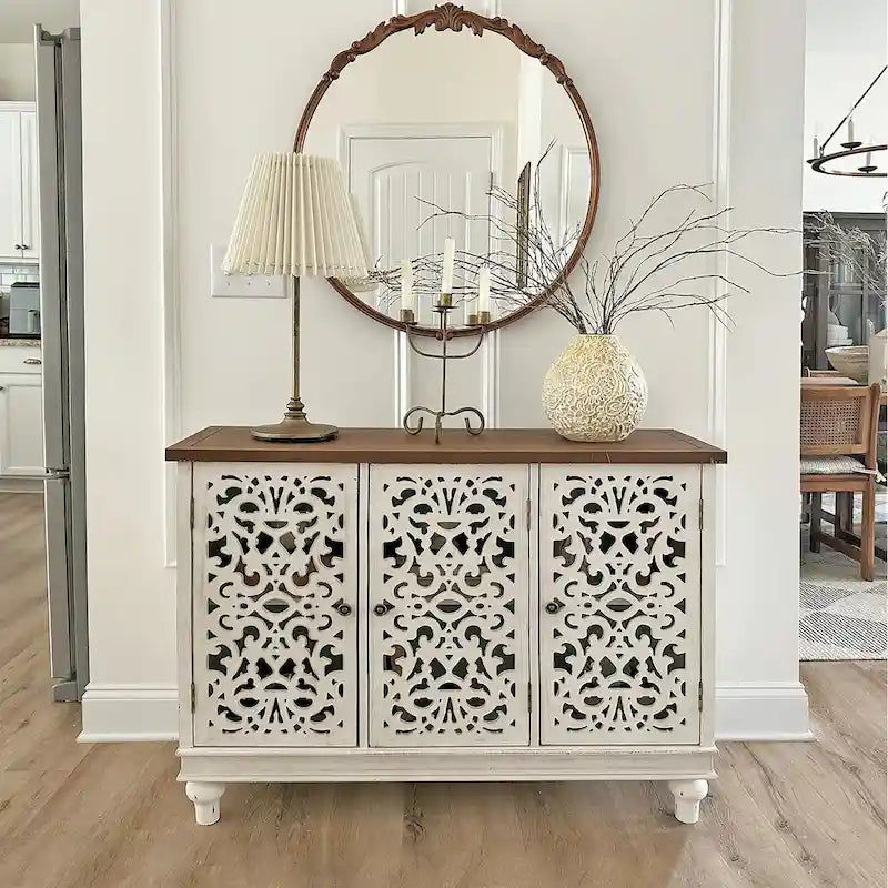 Retro Antique Hollow-Carved 3-door Storage Cabinet
