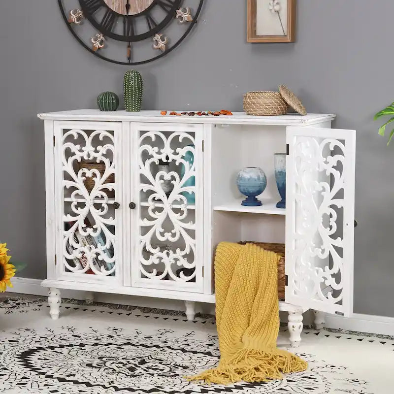 Retro Antique Hollow-Carved 3-door Storage Cabinet