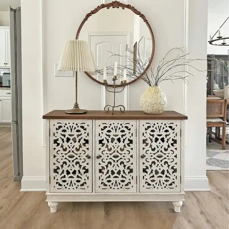 Retro Antique Hollow-Carved 3-door Storage Cabinet