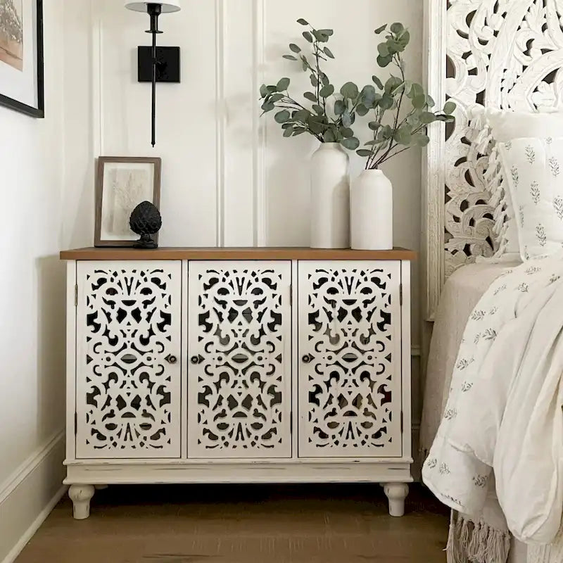 Retro Antique Hollow-Carved 3-door Storage Cabinet