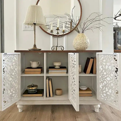 Retro Antique Hollow-Carved 3-door Storage Cabinet