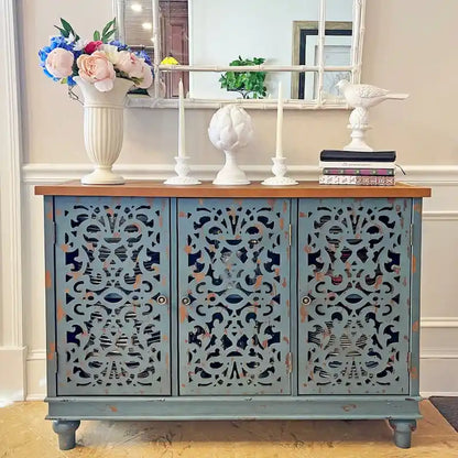 Retro Antique Hollow-Carved 3-door Storage Cabinet