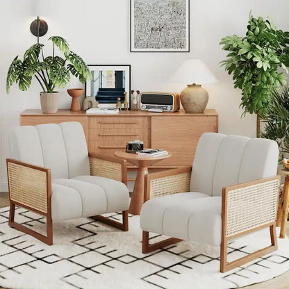 Rattan Accent Chairs, Upholstered Natural Rattan Chair Mid Century Modern Linen Armchair Side Chairs for Living Room Bedroom