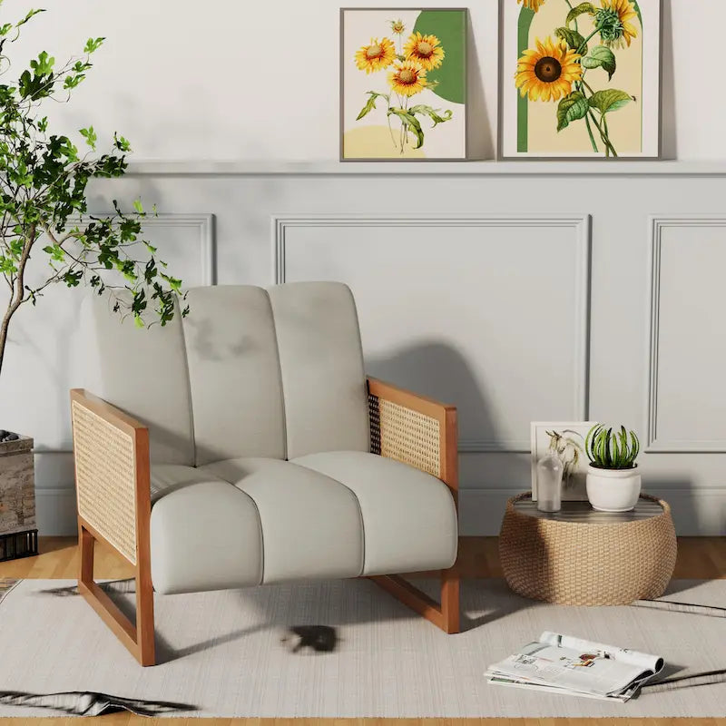 Rattan Accent Chairs, Upholstered Natural Rattan Chair Mid Century Modern Linen Armchair Side Chairs for Living Room Bedroom