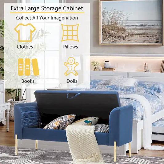 Storage Ottoman Bench, Upholstered Velvet Entryway Bench with Armrest & Large Storage Space for Living Room - 52inch