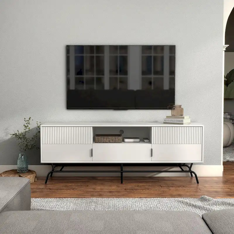DH BASIC Modern 60-inch 3-Drawer Media Cabinet TV Stand with Cable Hole by Denhour