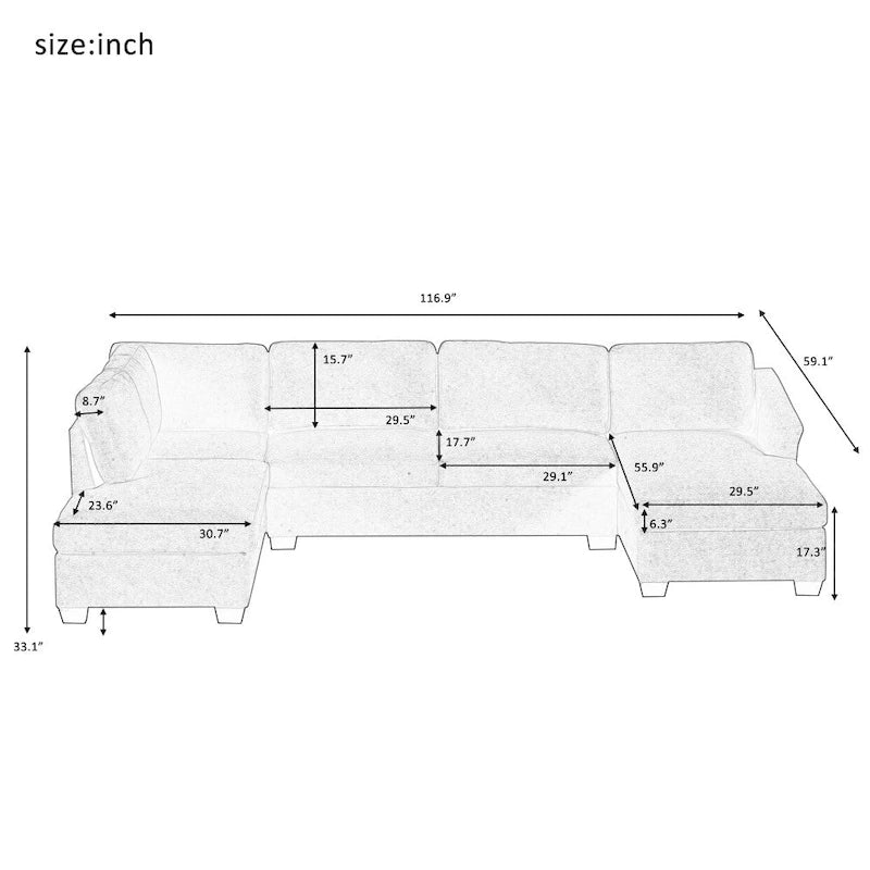 U-Shape Sectional Sofa, Double Extra Wide Chaise Lounge Couch