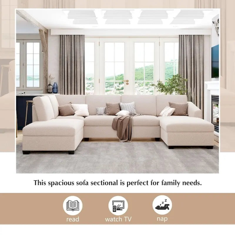 U-Shape Sectional Sofa, Double Extra Wide Chaise Lounge Couch