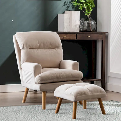 Velvet Fabric Armchair with Ottoman with Adjustable Backrest and Side Pockets