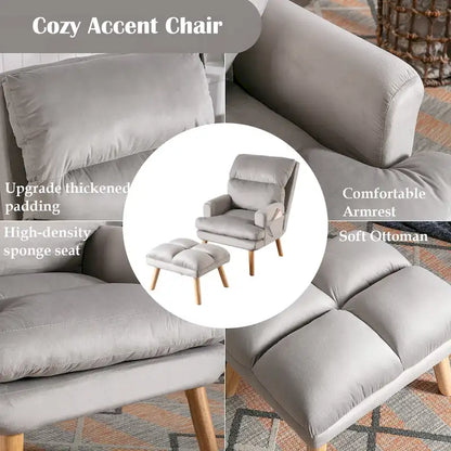 Velvet Fabric Armchair with Ottoman with Adjustable Backrest and Side Pockets