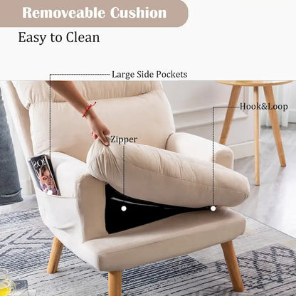 Velvet Fabric Armchair with Ottoman with Adjustable Backrest and Side Pockets