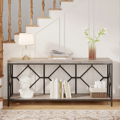 70.9 Inch Sofa Console Table with Open Storage Shelf, Industrial Narrow Extra Long Sofa Tables Entry Table Behind Couch Table