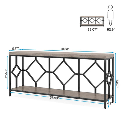 70.9 Inch Sofa Console Table with Open Storage Shelf, Industrial Narrow Extra Long Sofa Tables Entry Table Behind Couch Table