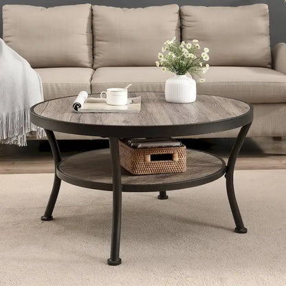 Myhozm Industrial Round Metal Coffee Table with Shelf for Living Room,Home Office and Bedroom