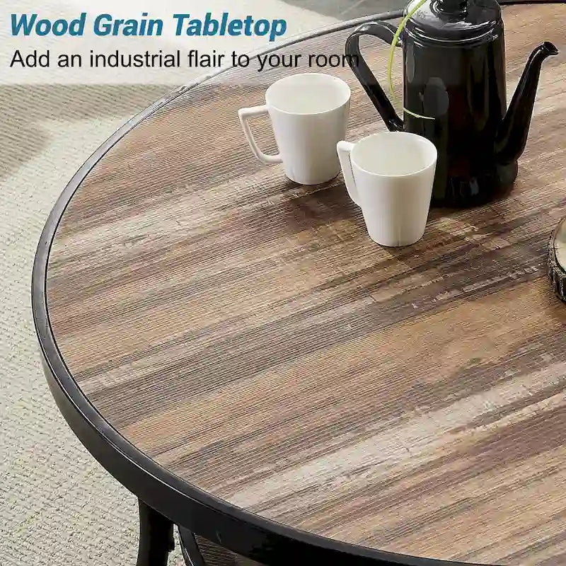 Myhozm Industrial Round Metal Coffee Table with Shelf for Living Room,Home Office and Bedroom