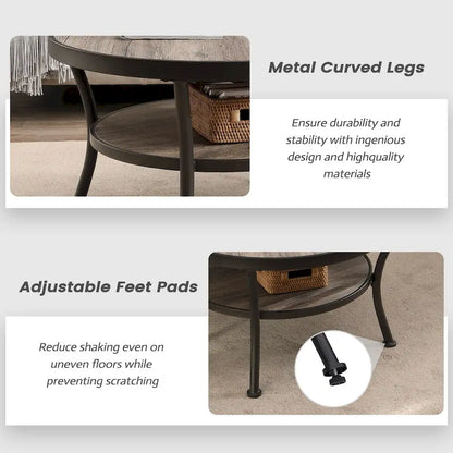 Myhozm Industrial Round Metal Coffee Table with Shelf for Living Room,Home Office and Bedroom