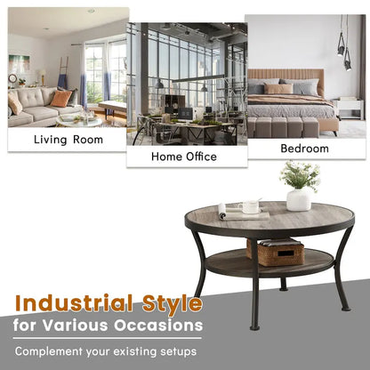 Myhozm Industrial Round Metal Coffee Table with Shelf for Living Room,Home Office and Bedroom