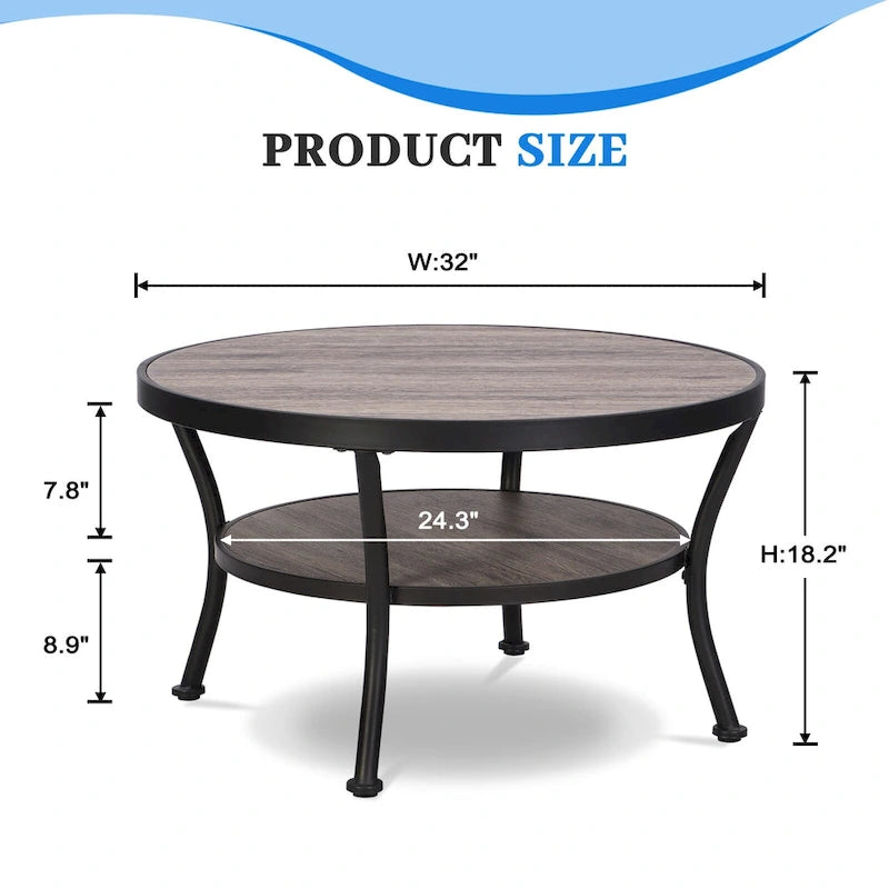 Myhozm Industrial Round Metal Coffee Table with Shelf for Living Room,Home Office and Bedroom