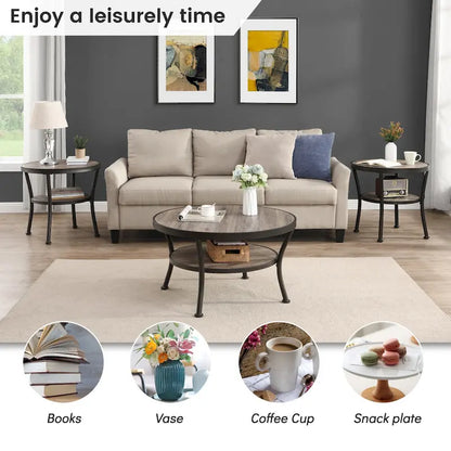 Myhozm Industrial Round Metal Coffee Table with Shelf for Living Room,Home Office and Bedroom
