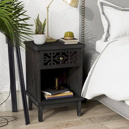 COZAYH Retro Rustic Nightstand Solid Fir End Table Side Table with Hand Carved Front and Open Shelf for Boho, Farmhouse