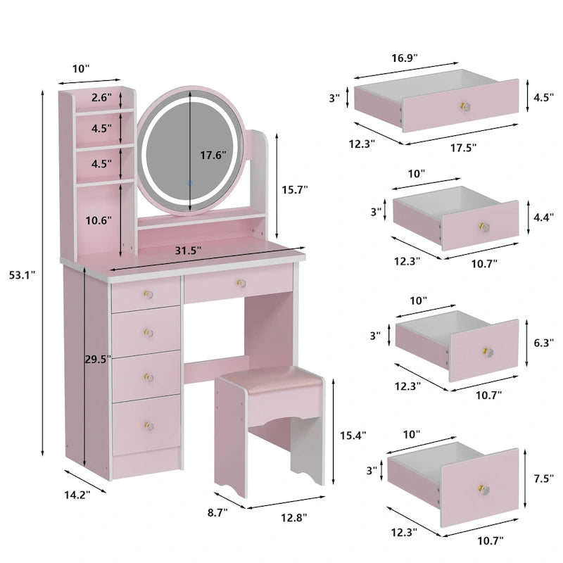 31.5 Wide Makeup Vanity Set with Stool, Mirror,3 Color Light - 31.5W
