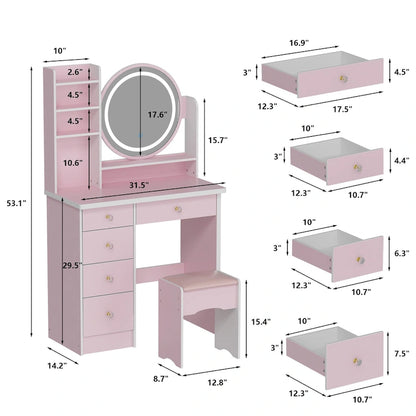 31.5 Wide Makeup Vanity Set with Stool, Mirror,3 Color Light - 31.5W