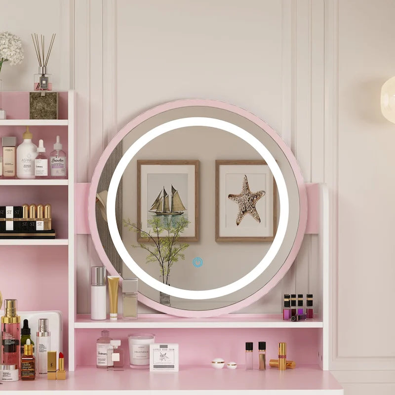 31.5 Wide Makeup Vanity Set with Stool, Mirror,3 Color Light - 31.5W