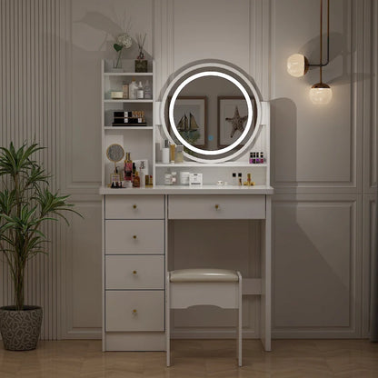 31.5 Wide Makeup Vanity Set with Stool, Mirror,3 Color Light - 31.5W