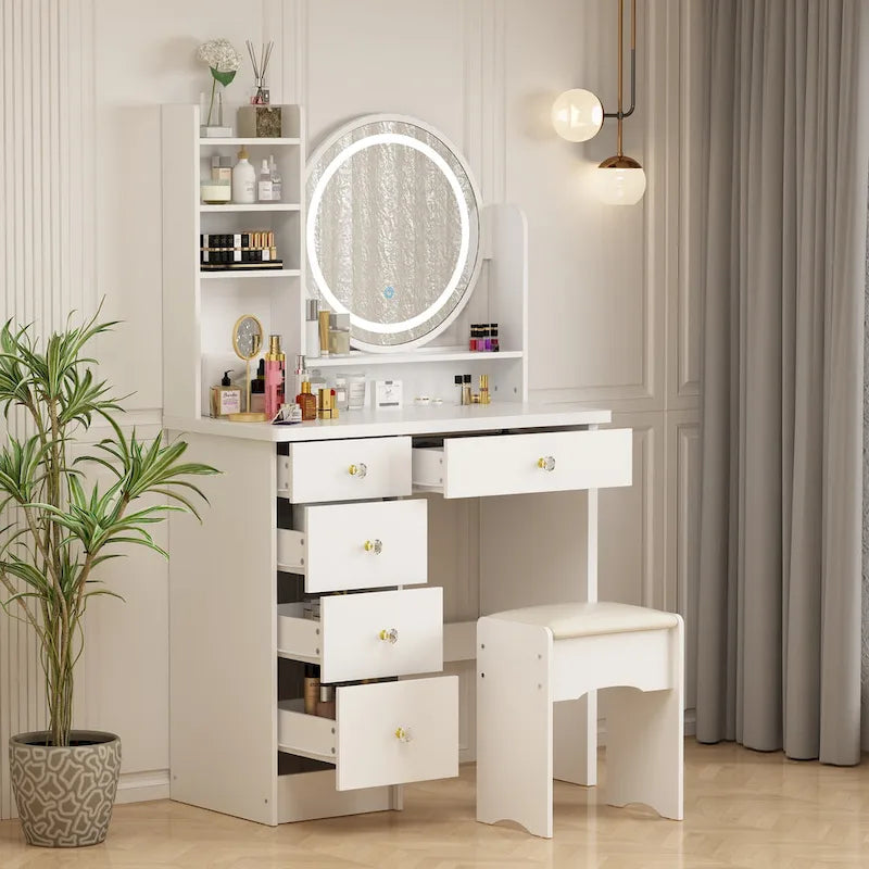 31.5 Wide Makeup Vanity Set with Stool, Mirror,3 Color Light - 31.5W