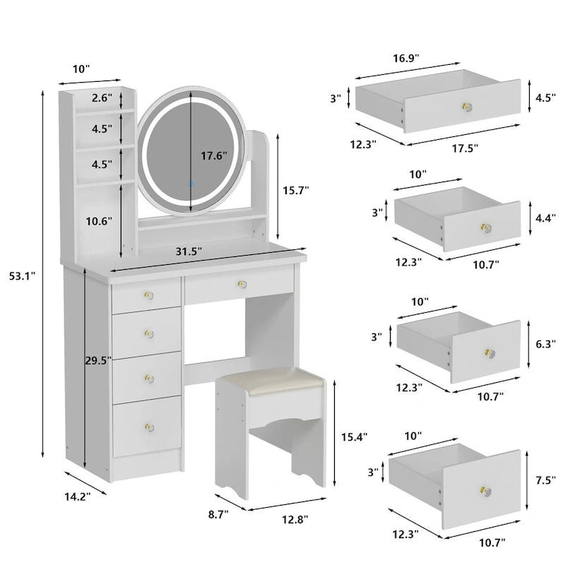 31.5 Wide Makeup Vanity Set with Stool, Mirror,3 Color Light - 31.5W