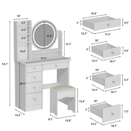 31.5 Wide Makeup Vanity Set with Stool, Mirror,3 Color Light - 31.5W