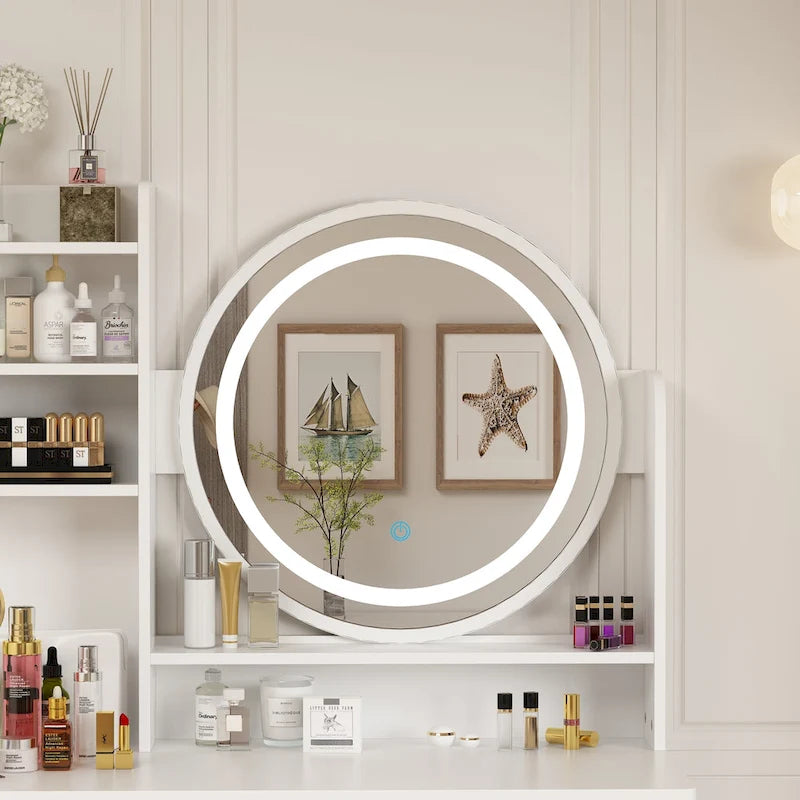 31.5 Wide Makeup Vanity Set with Stool, Mirror,3 Color Light - 31.5W
