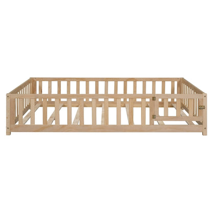 Full Size Wooden Floor Platform Bed with Fence and Door for Kids