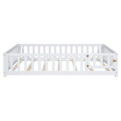 Full Size Wooden Floor Platform Bed with Fence and Door for Kids