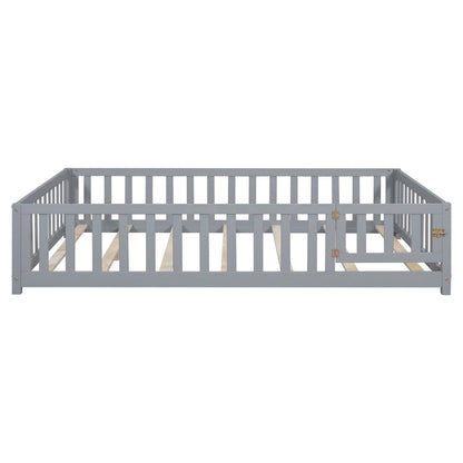 Full Size Wooden Floor Platform Bed with Fence and Door for Kids