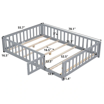 Full Size Wooden Floor Platform Bed with Fence and Door for Kids
