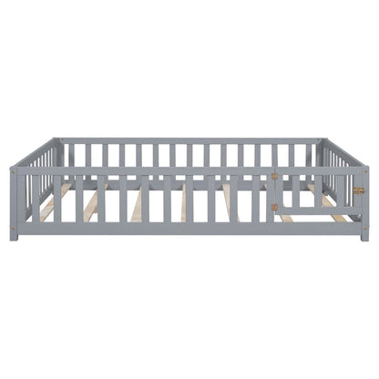 Full Size Wooden Floor Platform Bed with Fence and Door for Kids
