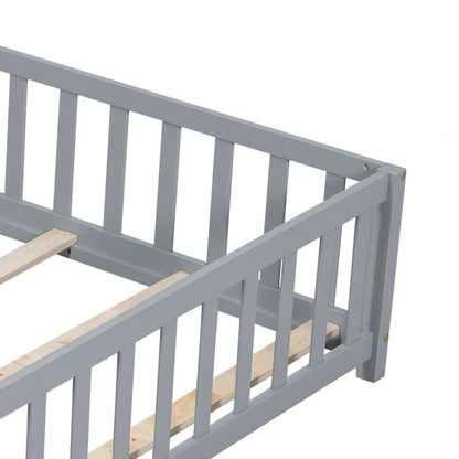 Full Size Wooden Floor Platform Bed with Fence and Door for Kids