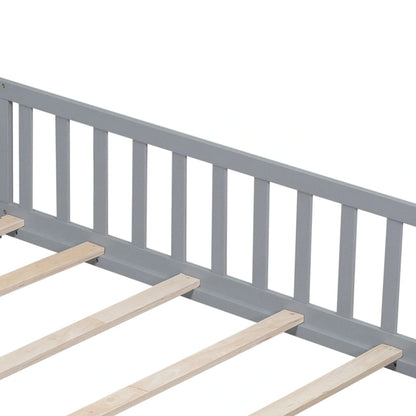 Full Size Wooden Floor Platform Bed with Fence and Door for Kids